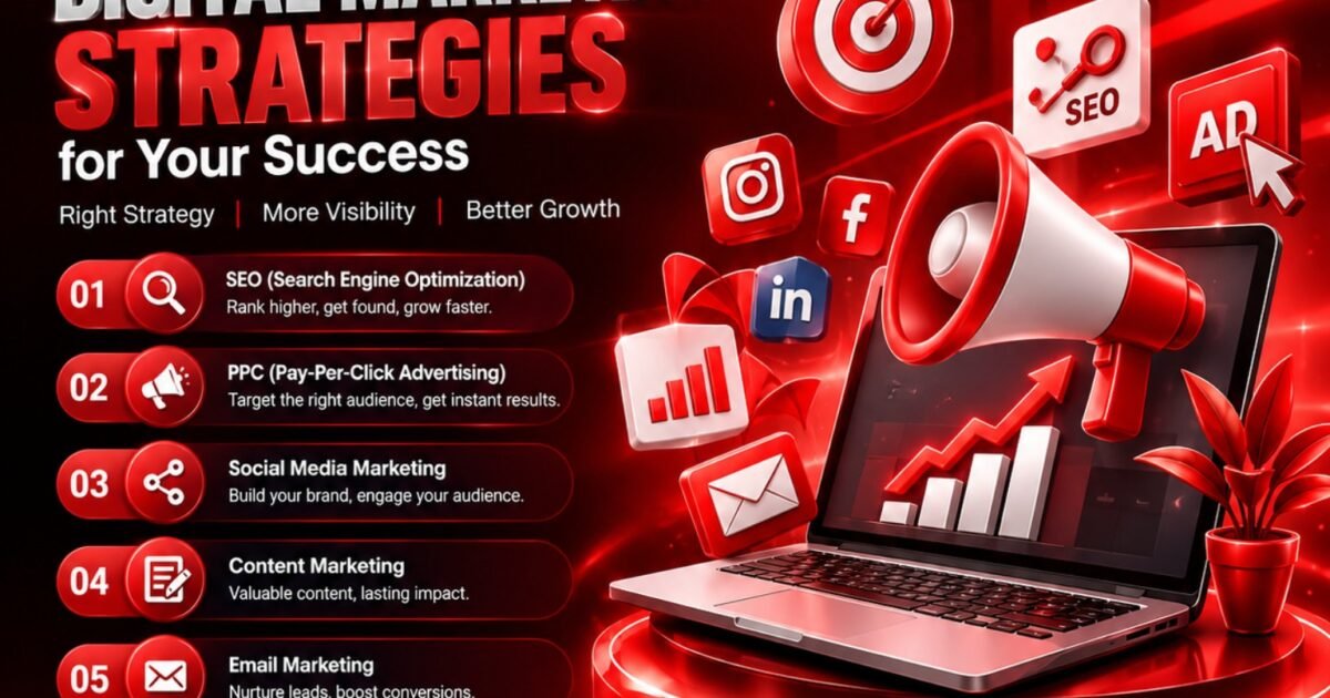 Top six digital marketing strategies including SEO PPC social media content email marketing and analytics
