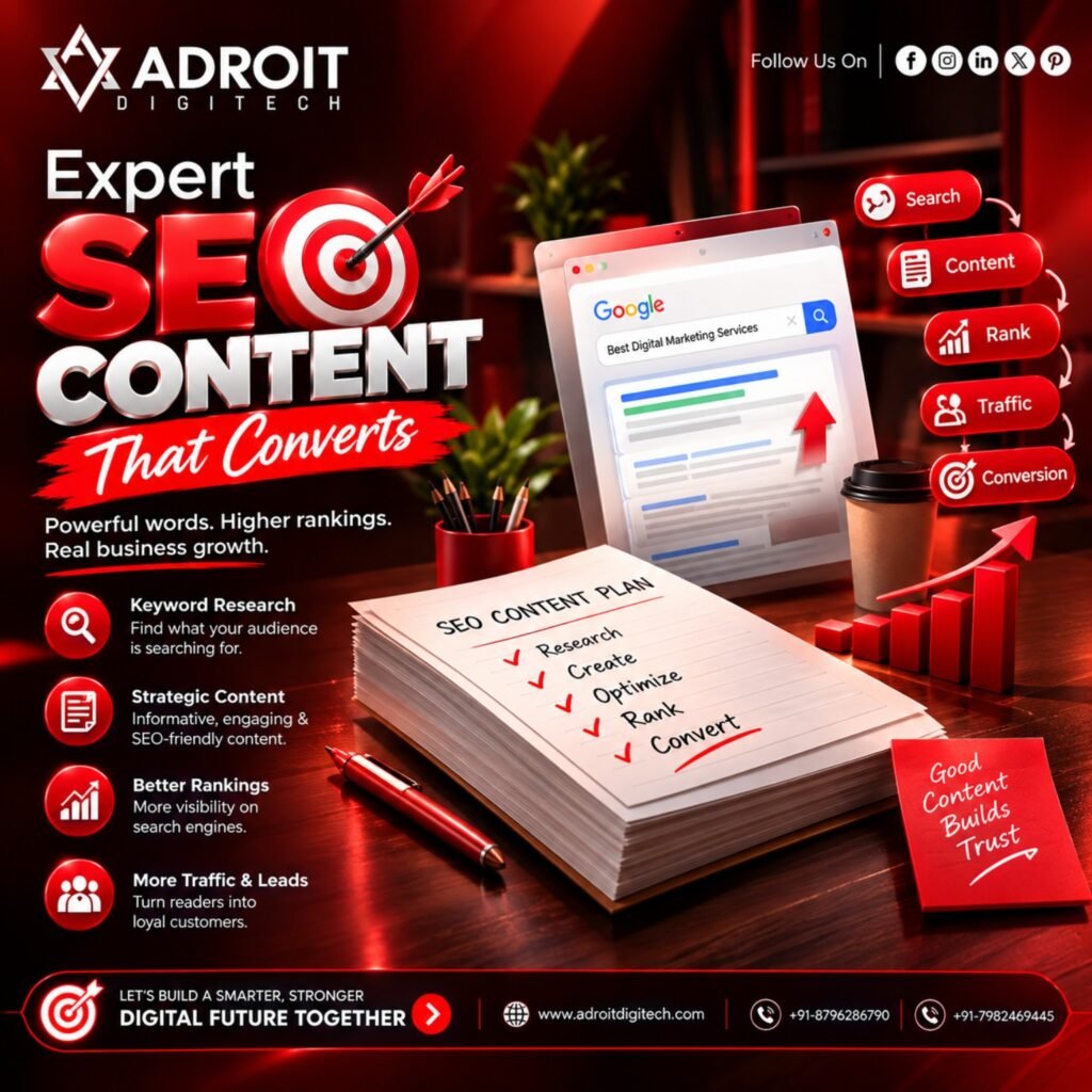 Expert SEO content strategy showing keyword research, Google rankings, traffic and conversions