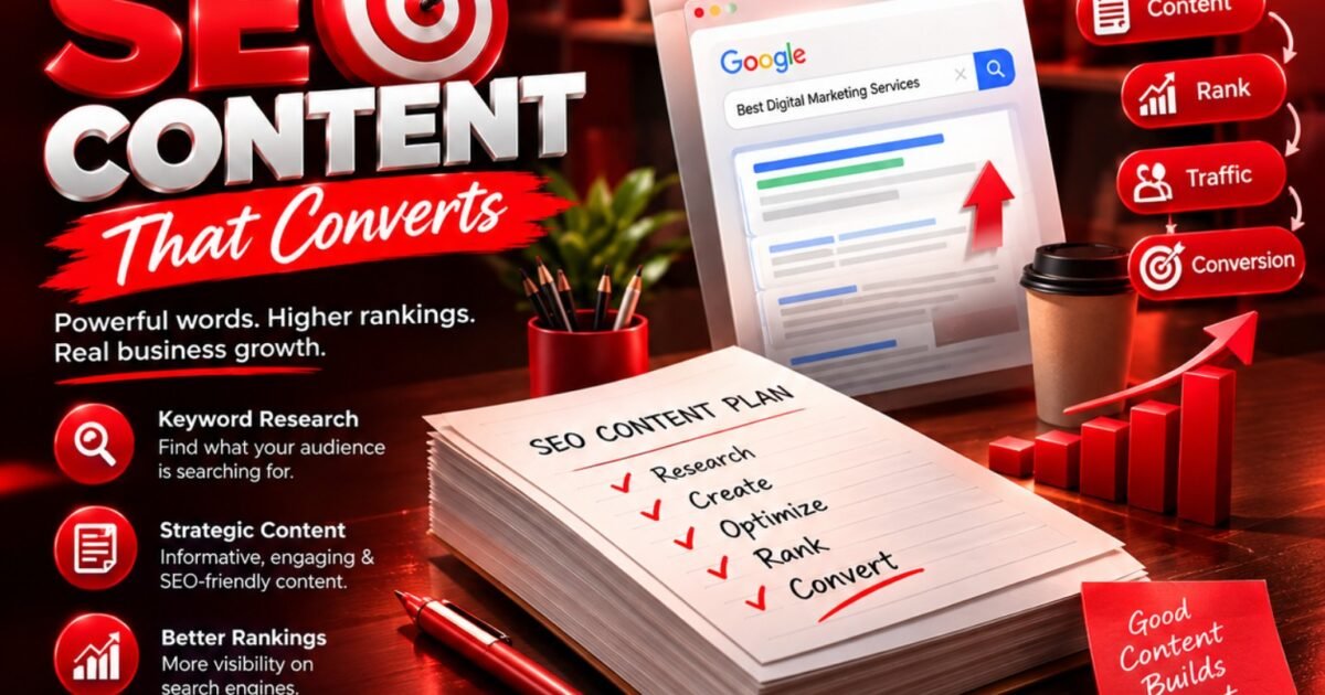 Expert SEO content strategy showing keyword research, Google rankings, traffic and conversions