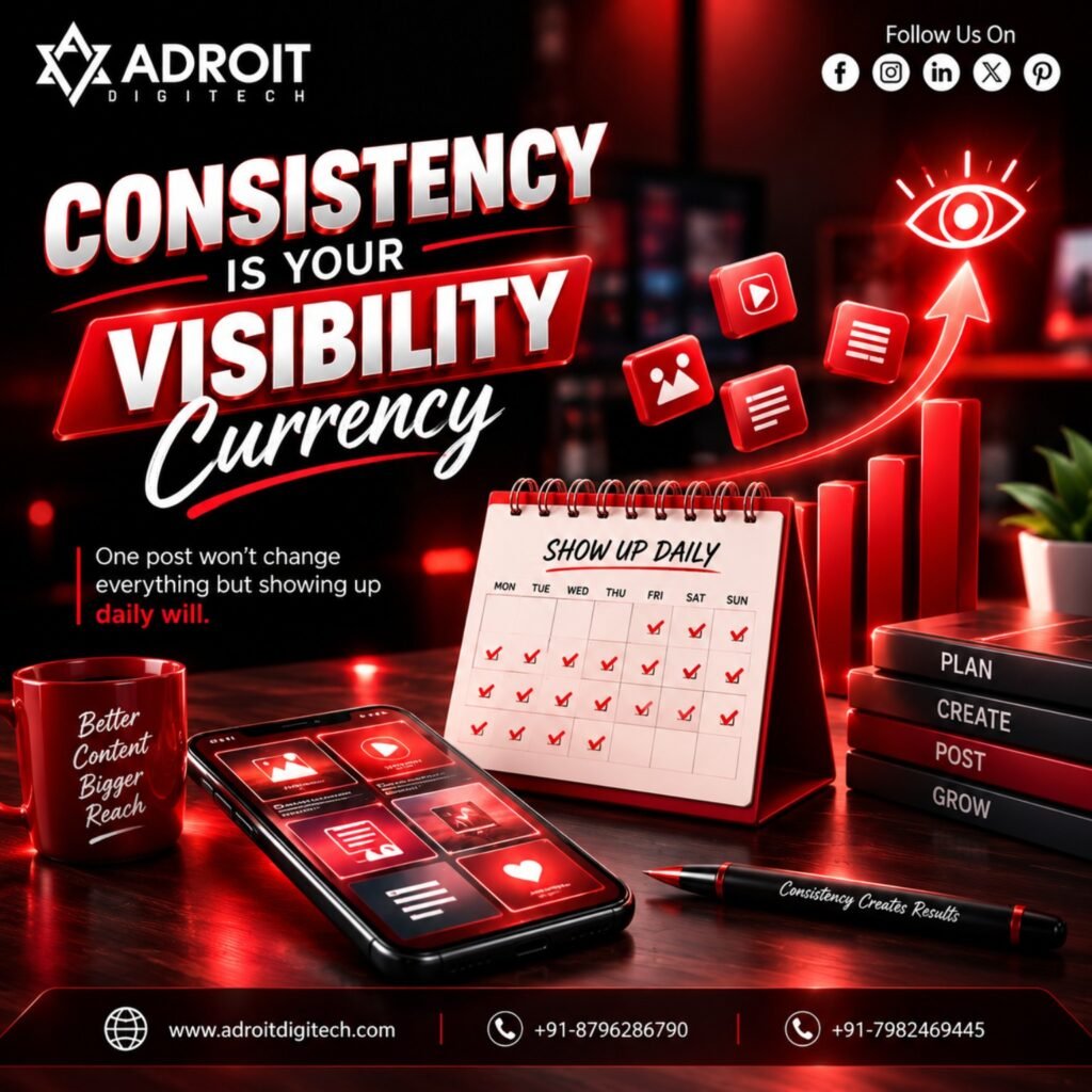 Consistency is your visibility currency. Adroit Digitech content strategy graphic