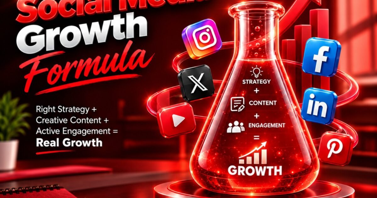Social media growth formula showing strategy creative content and engagement