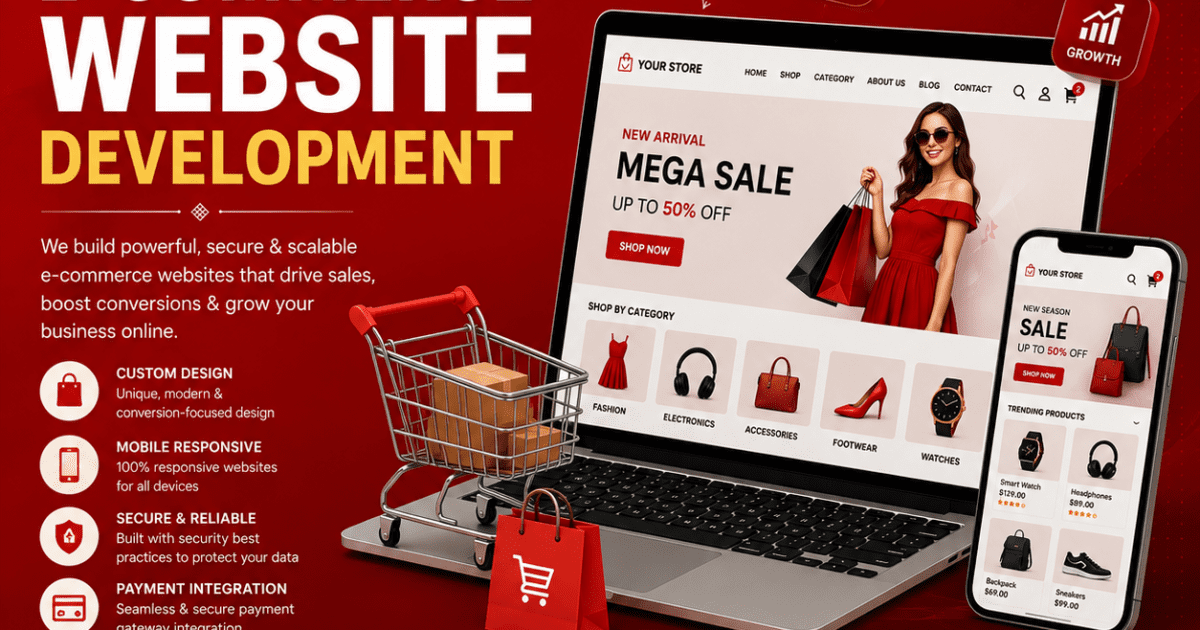 Professional E-Commerce Website Development in Delhi NCR by Adroit Digitech featuring custom online store design, mobile responsiveness, secure payment gateway integration, SEO optimization, higher conversions, and business growth solutions.