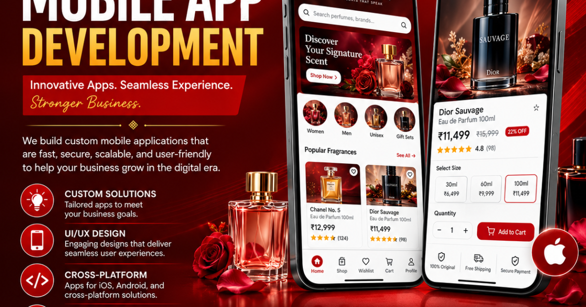 Adroit Digitech professional mobile app development featuring a perfume shopping app, product catalogue, secure checkout and Android and iOS solutions.