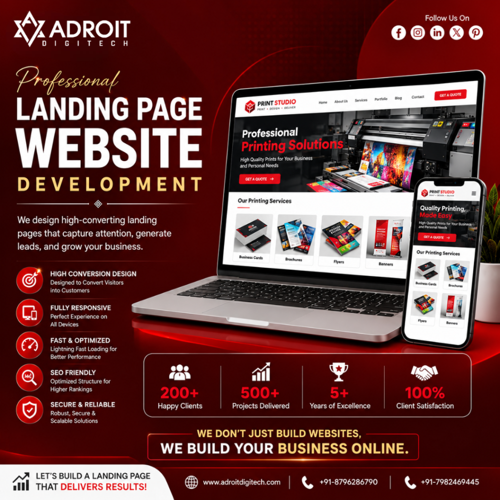 A professional business landing page website displayed on a laptop and mobile phone
