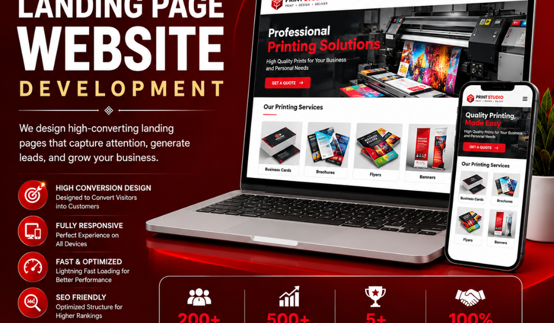 A professional business landing page website displayed on a laptop and mobile phone