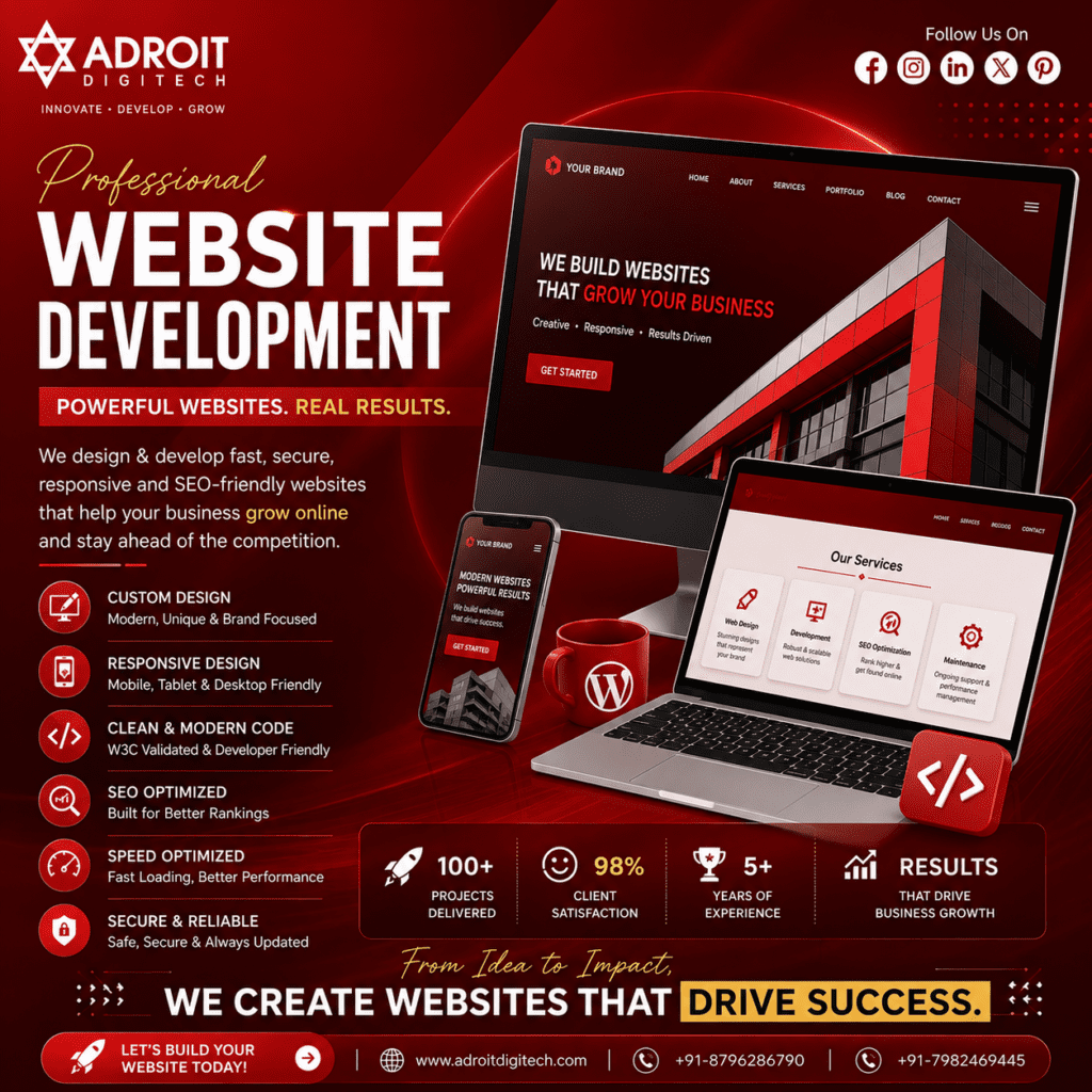 Professional Website Development Services in Delhi NCR by Adroit Digitech – Responsive, SEO-Friendly, Fast Loading and Custom Business Websites.