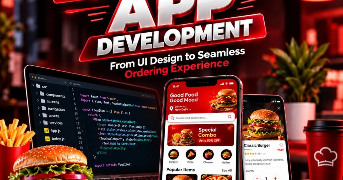 Food Ordering App Development with restaurant UI design, mobile ordering screens and development interface