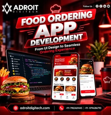 Food Ordering App Development with restaurant UI design, mobile ordering screens and development interface