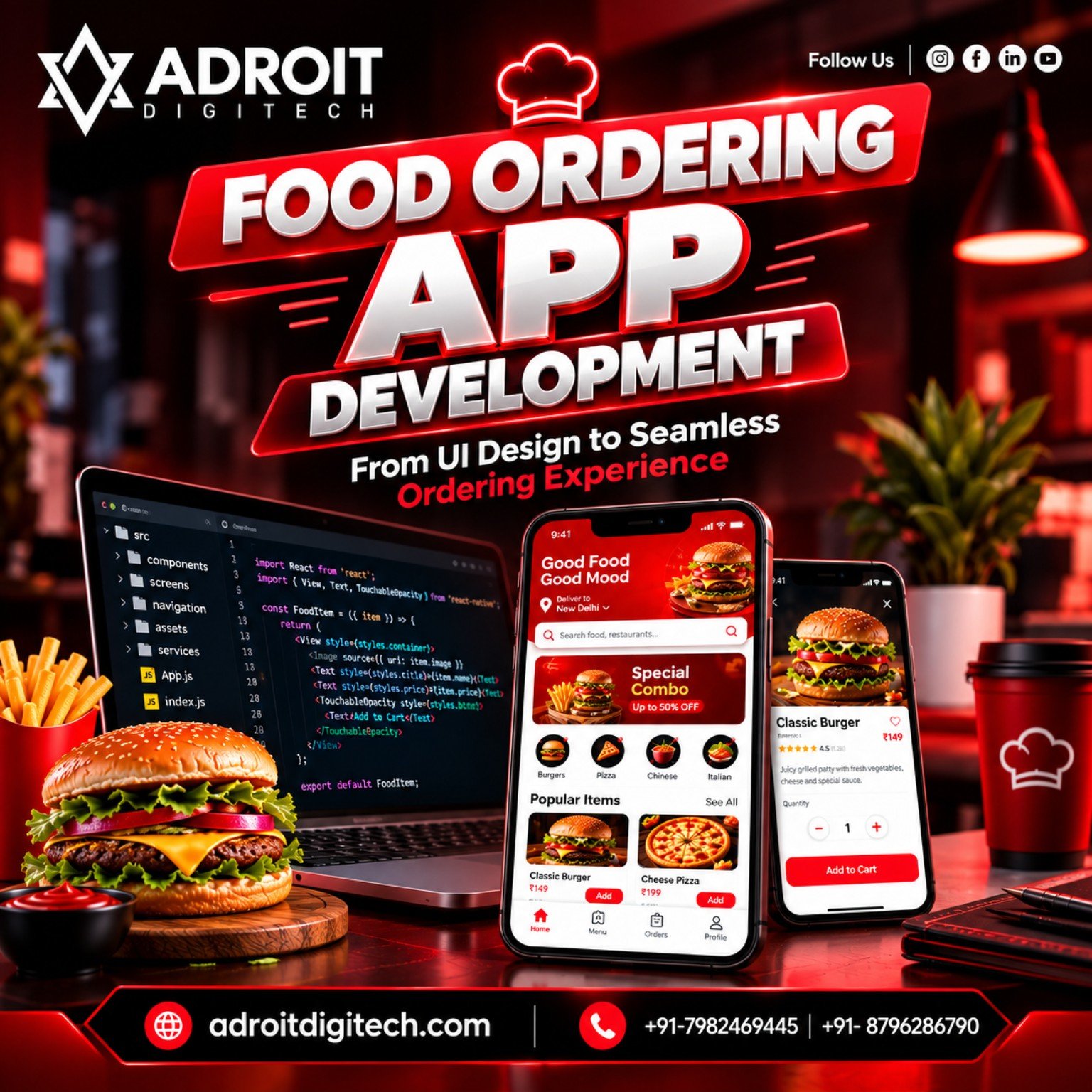 Food Ordering App Development with restaurant UI design, mobile ordering screens and development interface