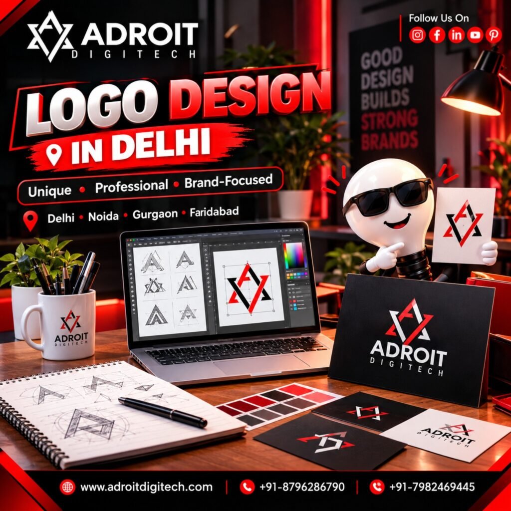 Professional logo design in Delhi showing custom branding concepts, laptop design process and brand stationery
