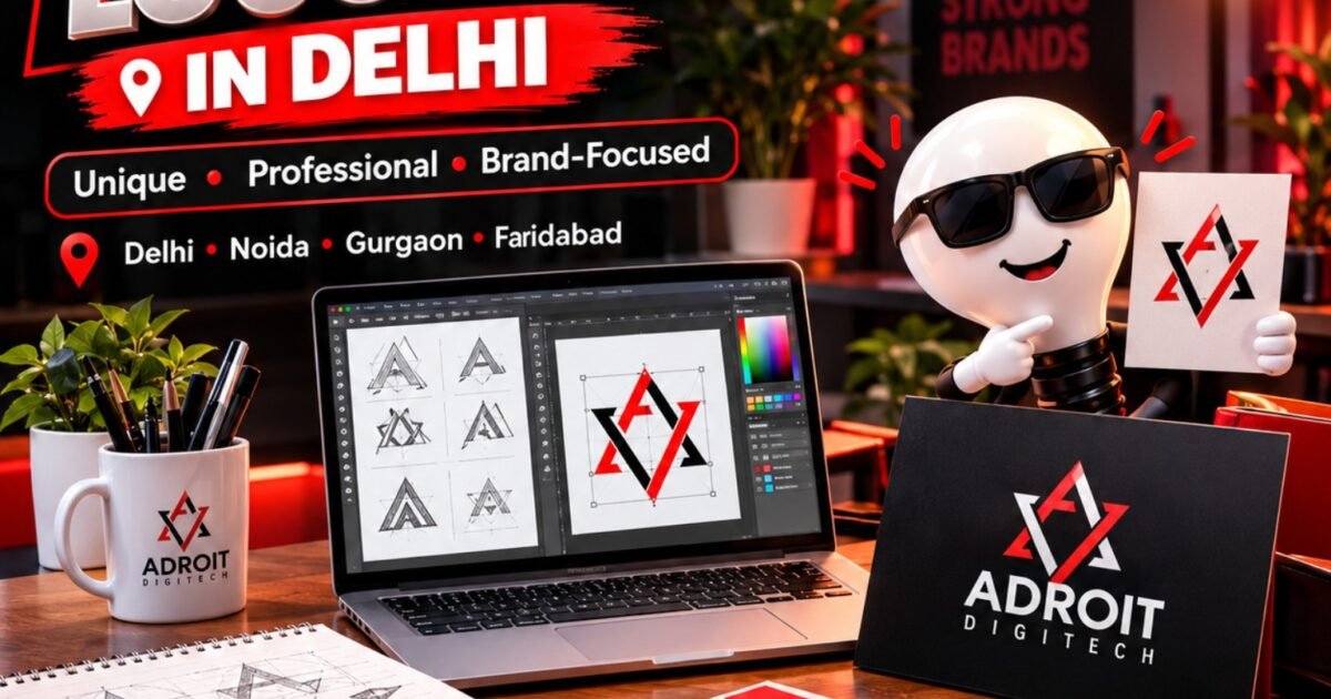 Professional logo design in Delhi showing custom branding concepts, laptop design process and brand stationery