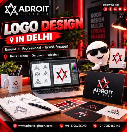 Professional logo design in Delhi showing custom branding concepts, laptop design process and brand stationery