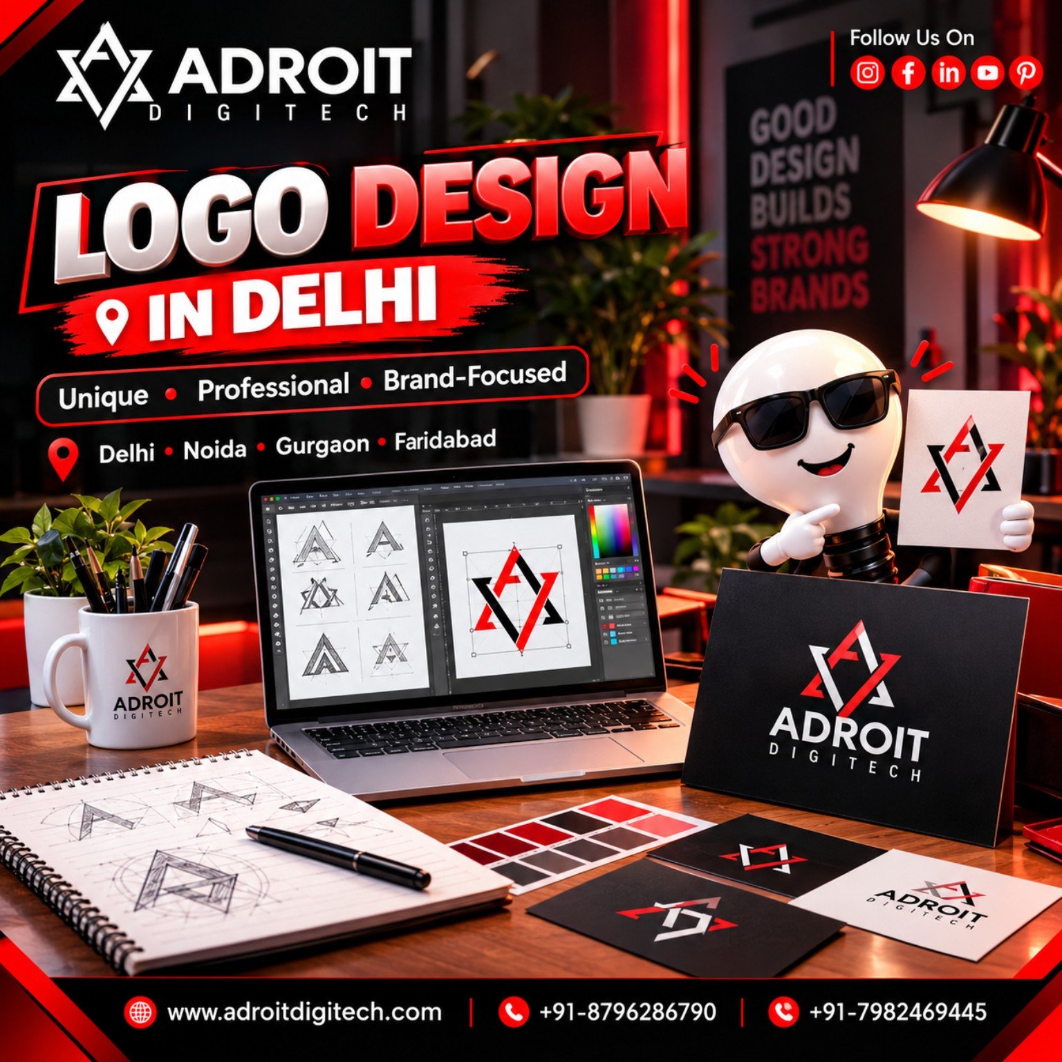 Professional logo design in Delhi showing custom branding concepts, laptop design process and brand stationery