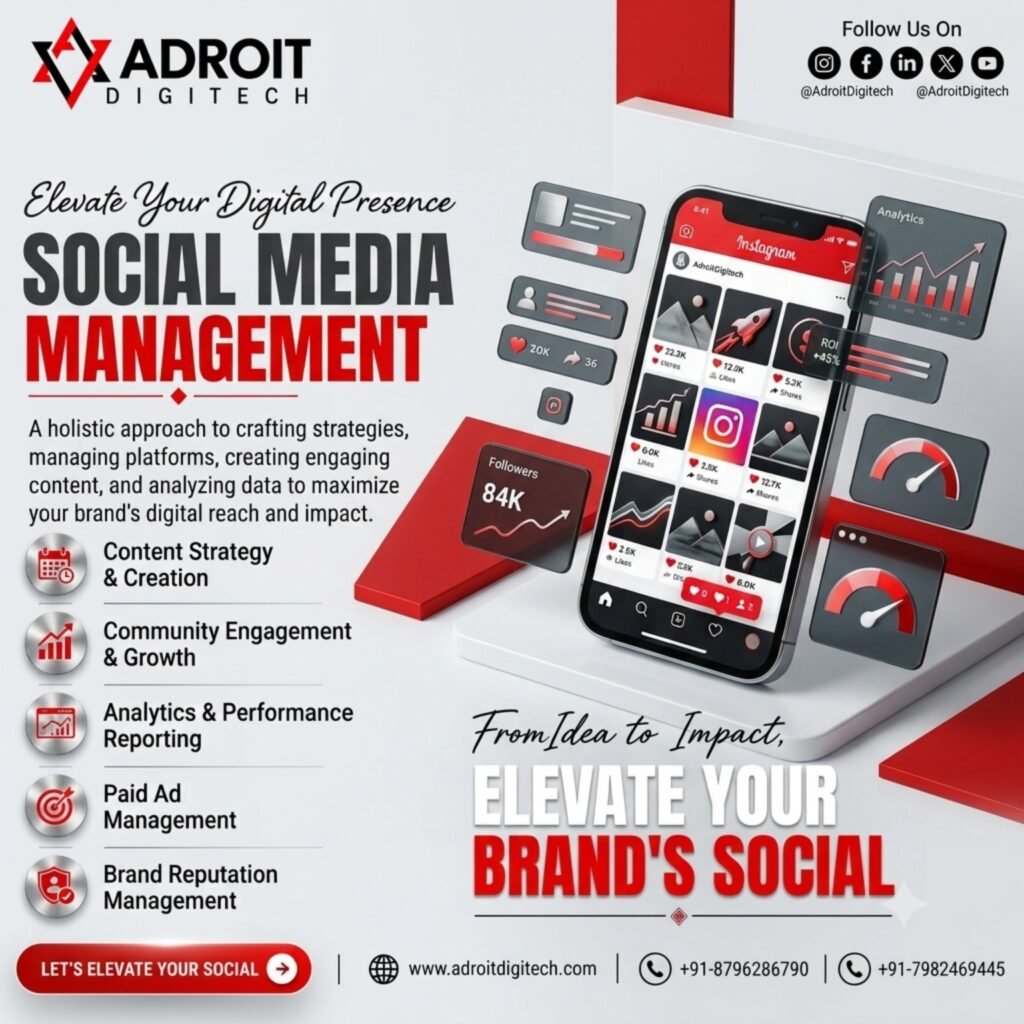 Adroit Digitech social media management services featuring content strategy, community engagement, analytics, paid advertising and brand reputation management.