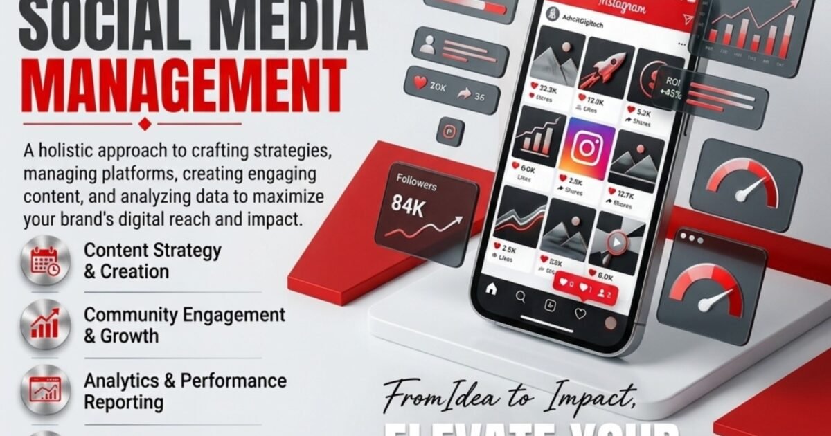 Adroit Digitech social media management services featuring content strategy, community engagement, analytics, paid advertising and brand reputation management.