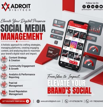Adroit Digitech social media management services featuring content strategy, community engagement, analytics, paid advertising and brand reputation management.